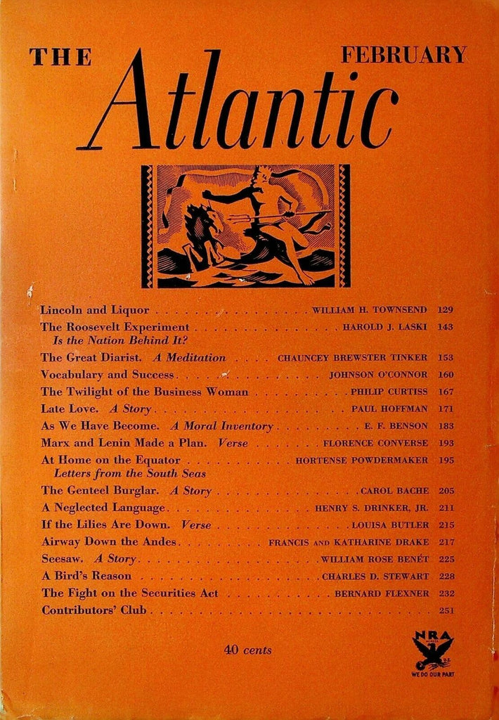 Atlantic Magazine February 1934 FDR New Deal Abraham Lincoln & Liquor