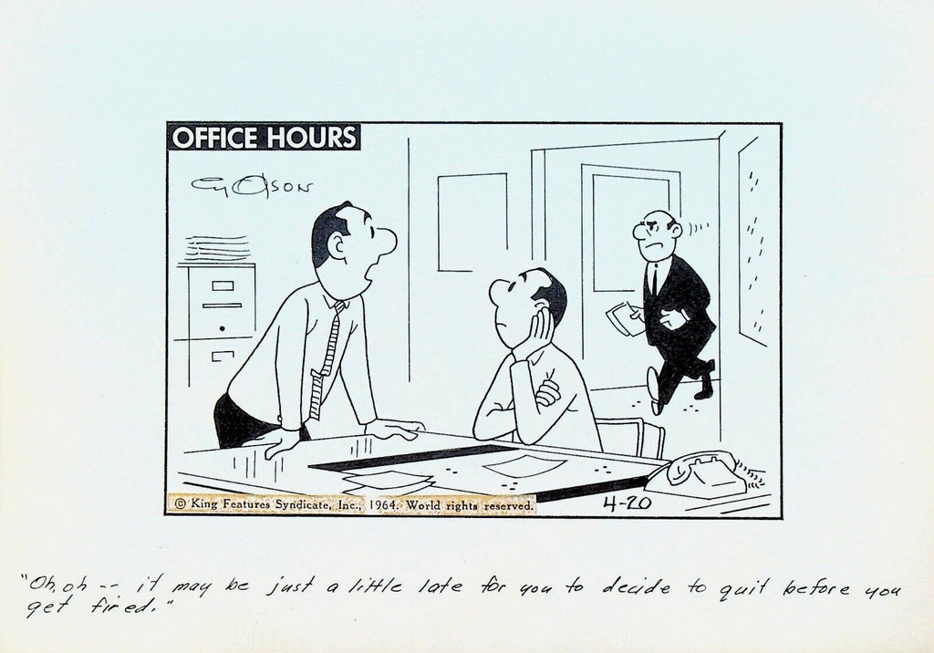 Office Hours by Cy Olson Original Comic Strip Art April 20 1964 Get Fired