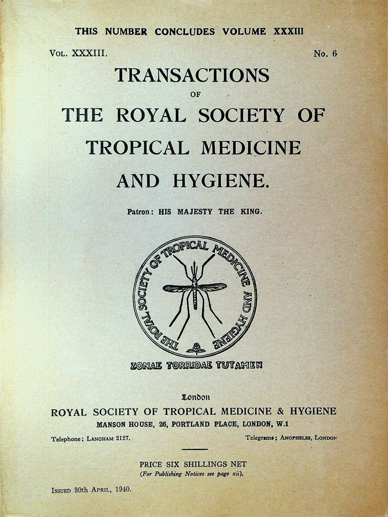Royal Society of Tropical Medicine & Hygiene April 1940 Malaria Iraq Sudan