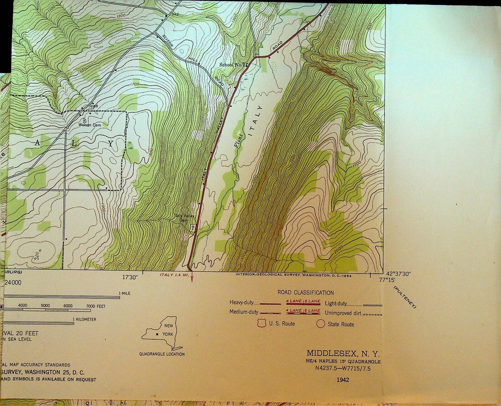 Middlesex NY Geological Survey Topographical Map 1942