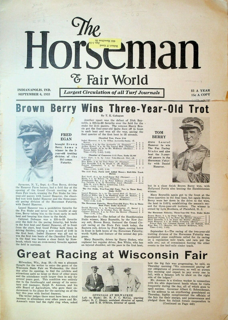 Horseman & Fair World Magazine Harness Racing September 6 1933 Fred Egan