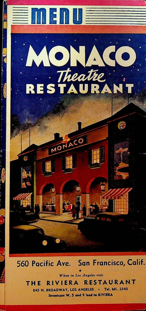 Monaco Theatre Restaurant Menu San Francisco California March 29 1945