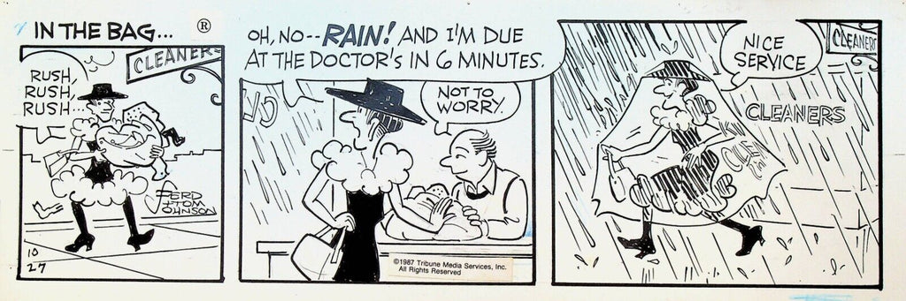 Moon Mullins Original Comic Strip Art Ferd & Tom Johnson October 27 1987 Rain