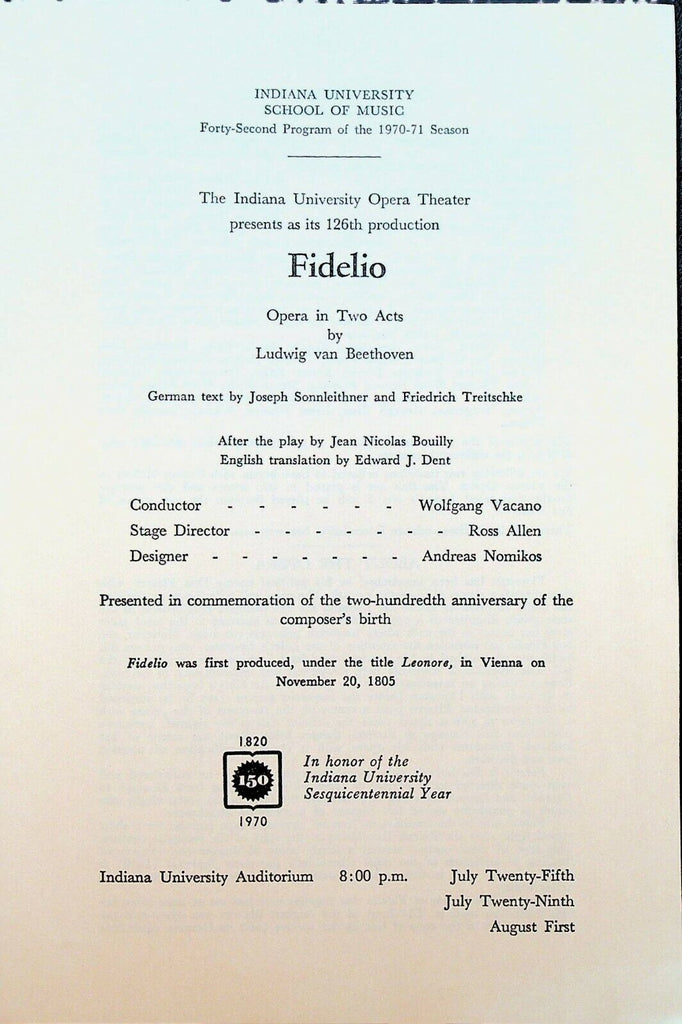 Fidelio 1971 Program Indiana University Opera Theater Ludwig van Beethoven