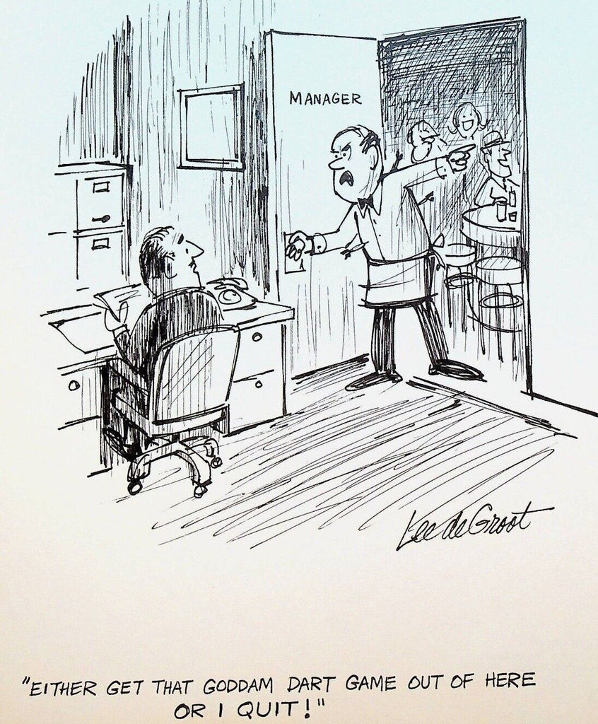 Lee DeGroot Original Art Gag Bartender Quitting Over Dart Game