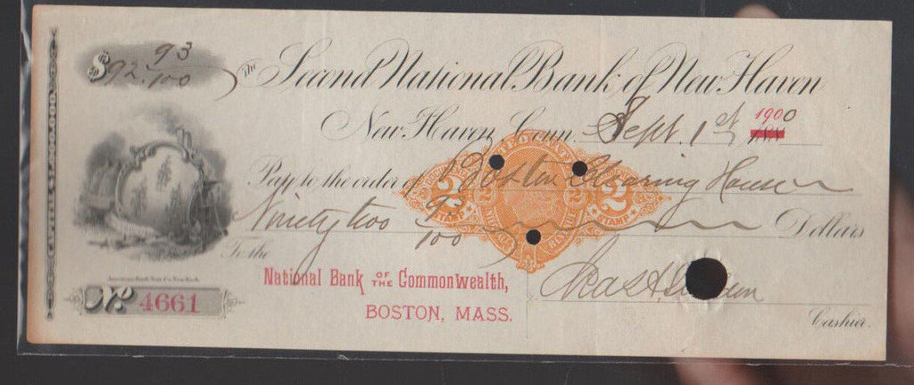 Second National Bank of New Haven Conn Used Check 1900