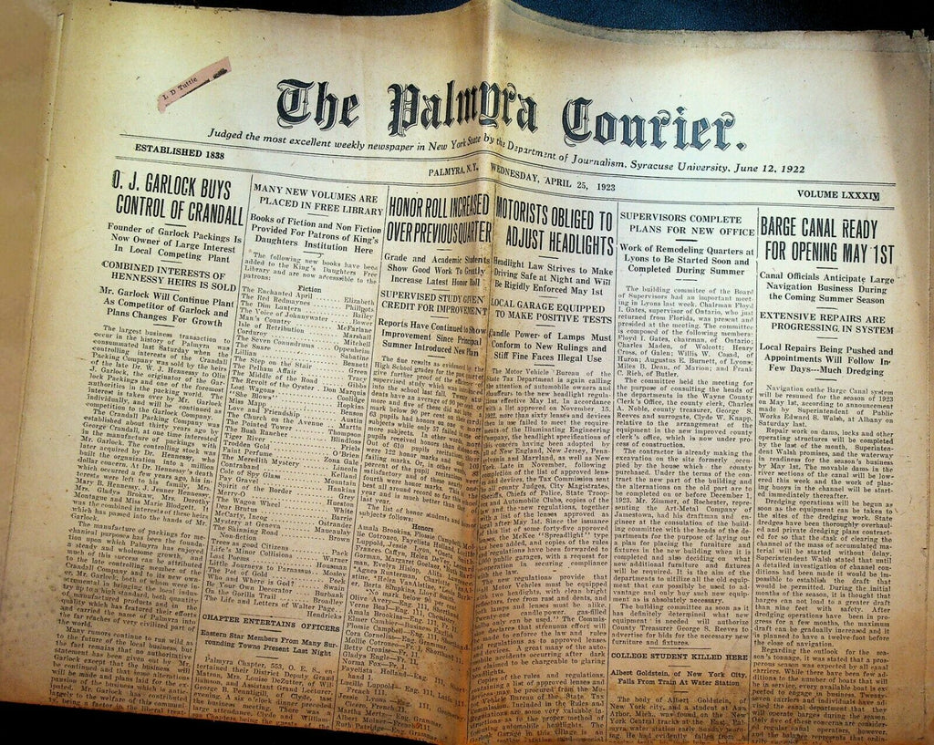 Palmyra Courier Newspaper April 25 1923 Charles Darwin Snake Hill Mount Morris