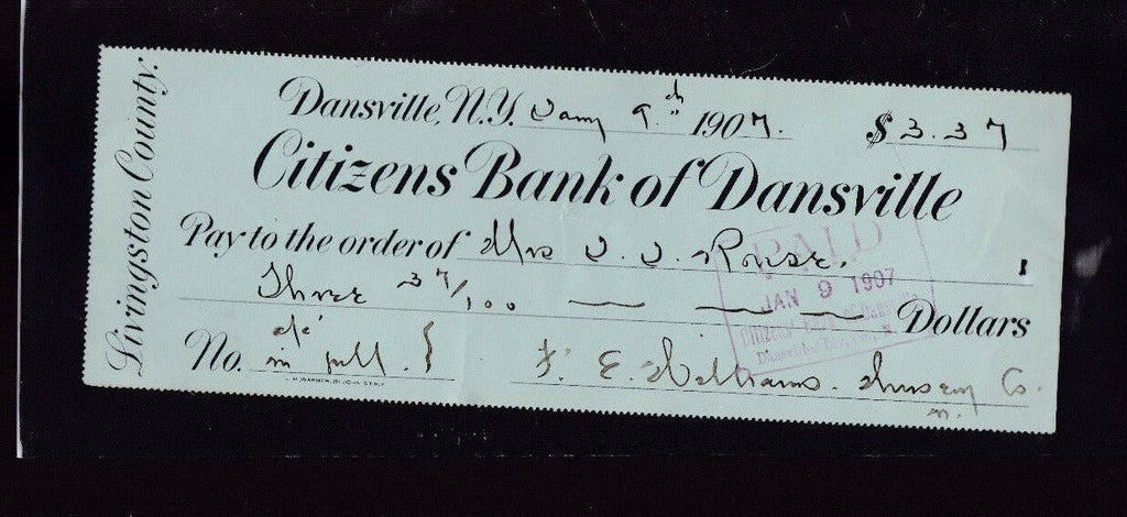 Citizens Bank of Dansville NY Used Bank Check Livingston County 1907
