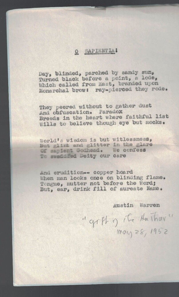 O Sapientia! by Austin Warren Hand-Typed Poem Gift of the Author 1952