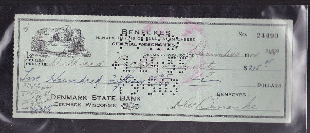 Denmark State Bank Used Bank Check Wisconsin 1954 Beneckes General Merchandise