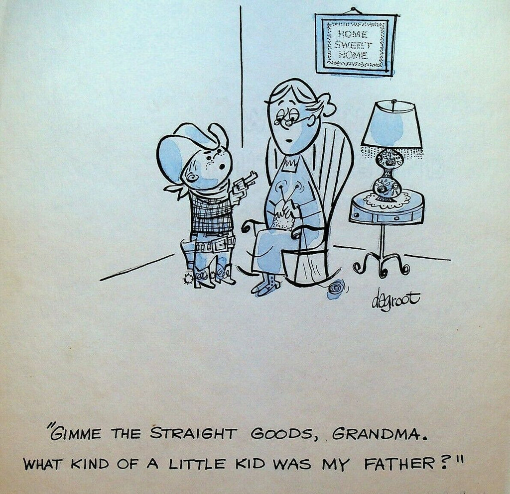 Lee DeGroot Original Art Gag Little Boy Cowboy Grandma Knitting