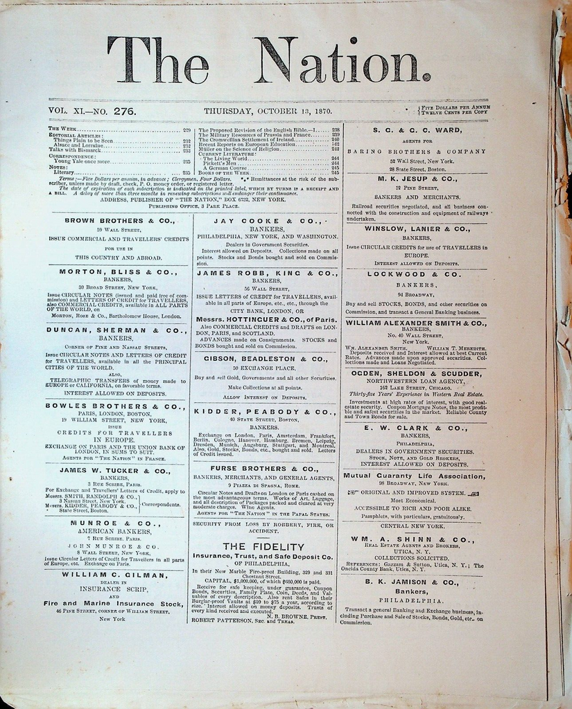 The Nation Magazine October 13 1870 Franco Prussian War Woman's Suffrage