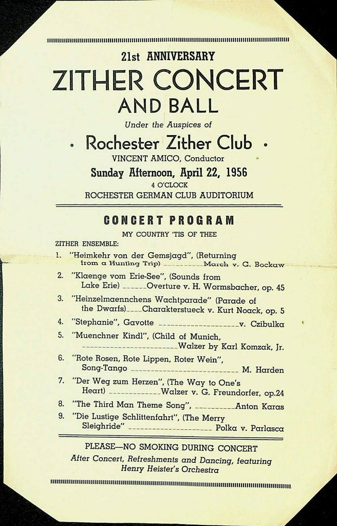 Zither Concert & Ball April 21 1956 Rochester NY Zither Club Concert Program
