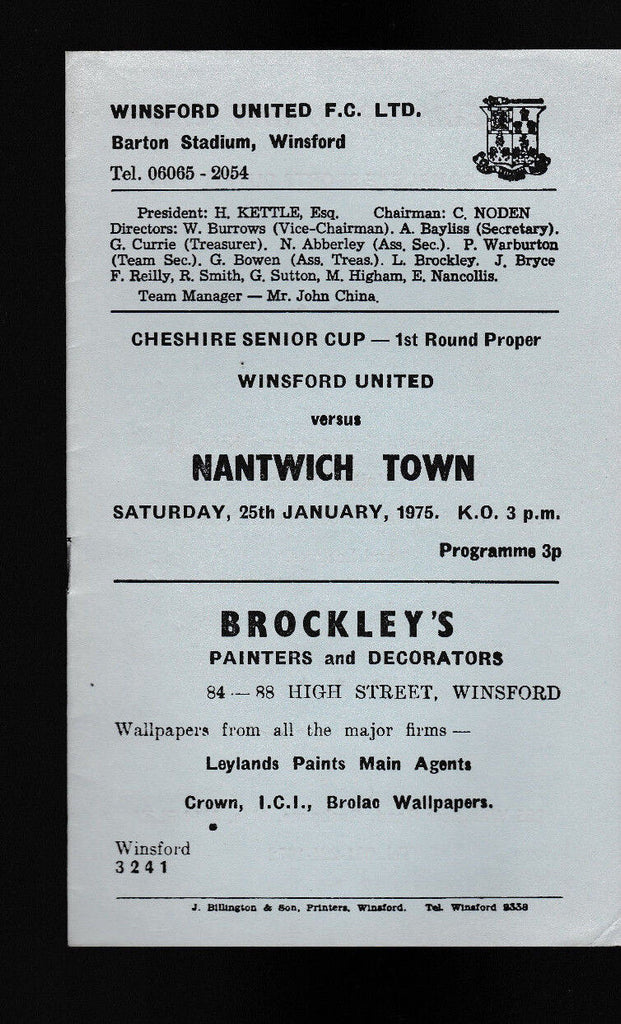 Winsford United versus Nantwich Town Cheshire Senior Cup Program January 25 1975