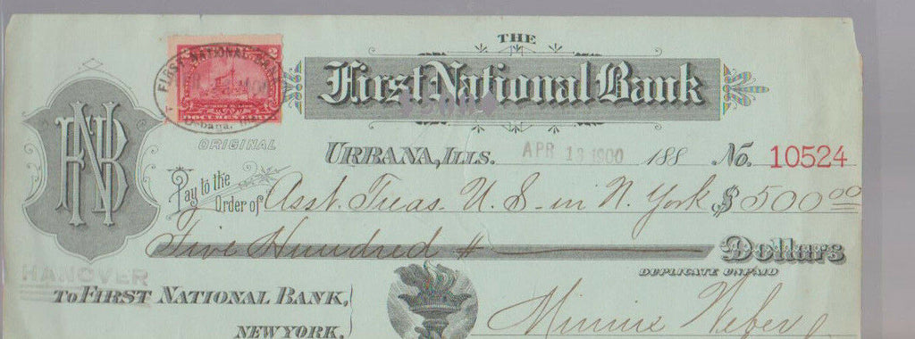 First National Bank Urbana Illinois Used Bank Check 1900 w Document Stamp
