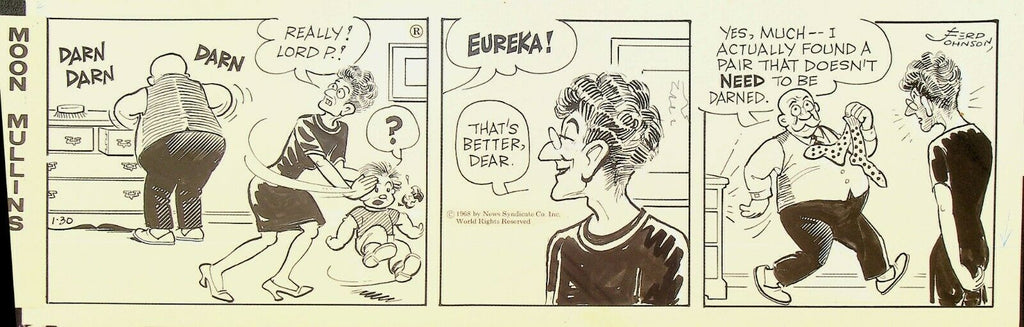 Moon Mullins Ferd Johnson Original Comic Strip Art January 30 1968 Darn Socks