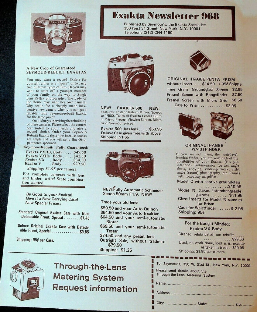 Seymour's Exakta Newsletter 968 1968 Camera Lens