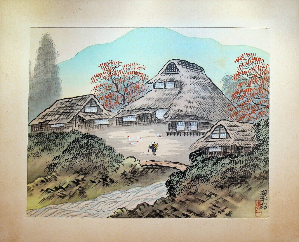 Japanese Silk Paintings Lot of 6 1950s Nature Mountain Buildings