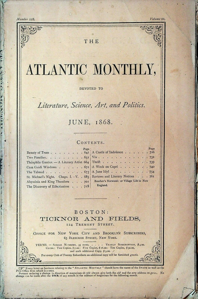 Atlantic Monthly June 1868 Theophile Gautier The Talmud Capri Abyssinia