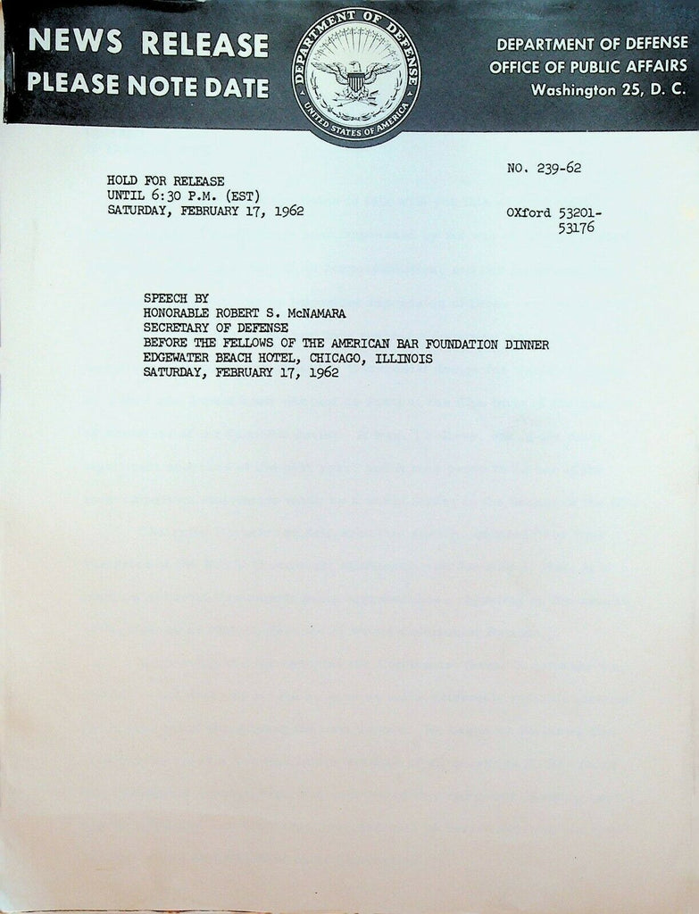 Robert S McNamara Speech February 17 1962 New Release Cold War Communism