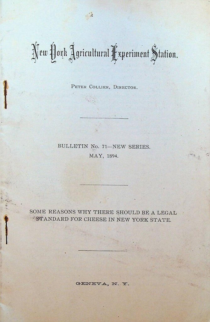 Reasons for Legal Standard for Cheese in New York State May 1894 Booklet