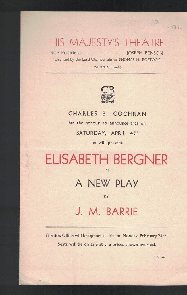 A New Play by JM Barrie Elisabeth Bergner Ad Sheet