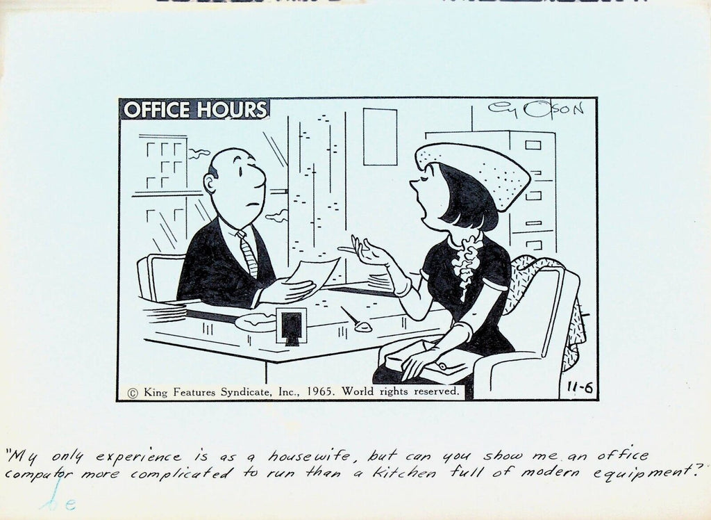 Office Hours by Cy Olson Original Comic Strip Art November 6 1965 Housewife