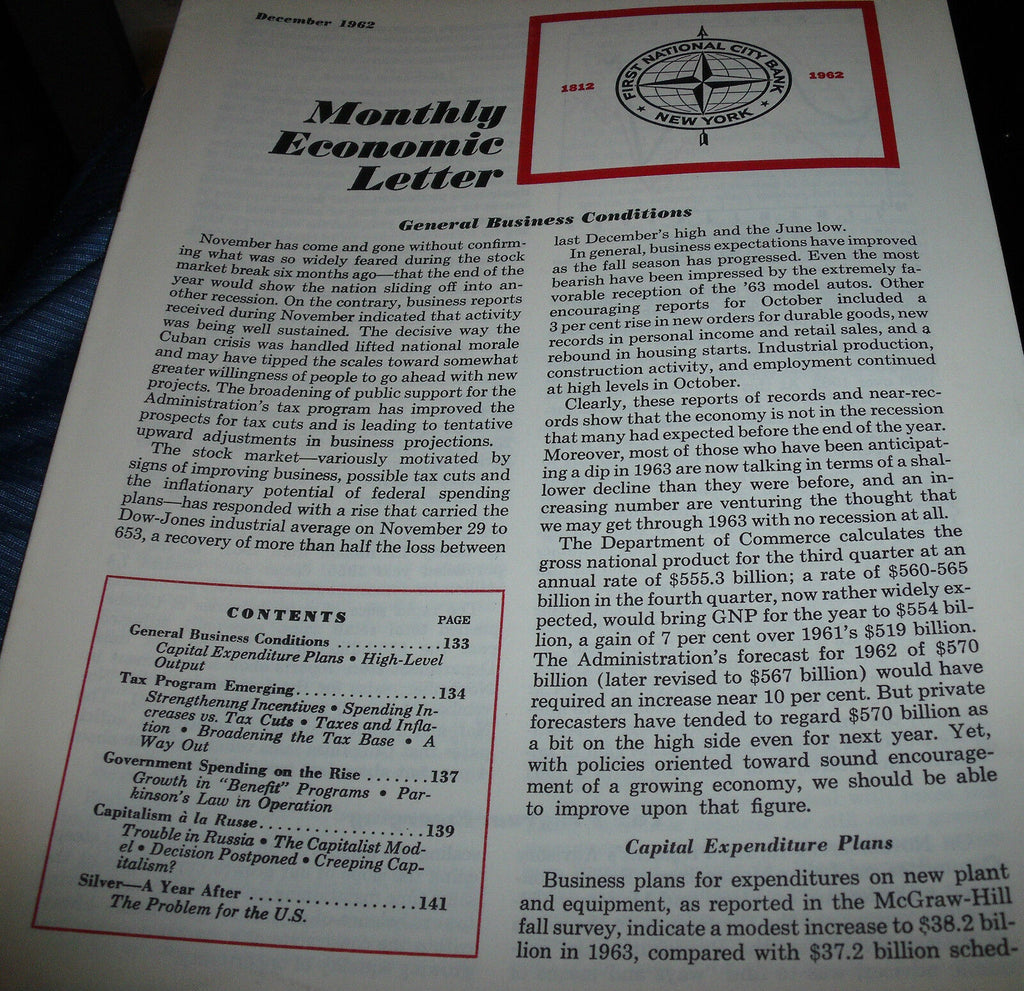 Monthly Economic Letter First National City Bank NYC December 1962