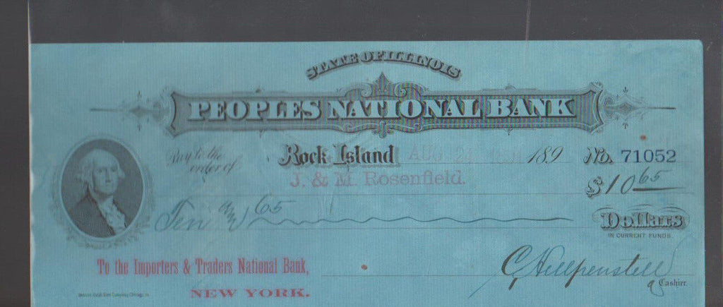 Peoples National Bank Rock Island Used Check 1890 Importers Traders National