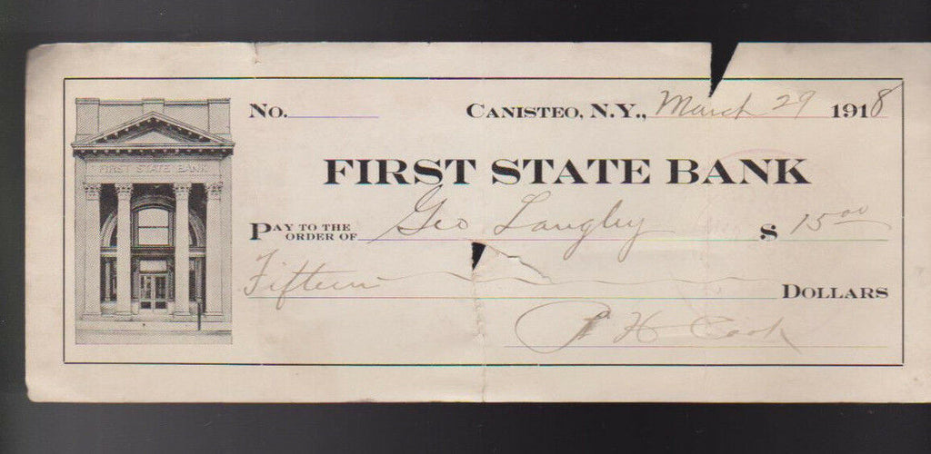 First State Bank Canisteo New York Check 1918 Steuben County Bank Facade