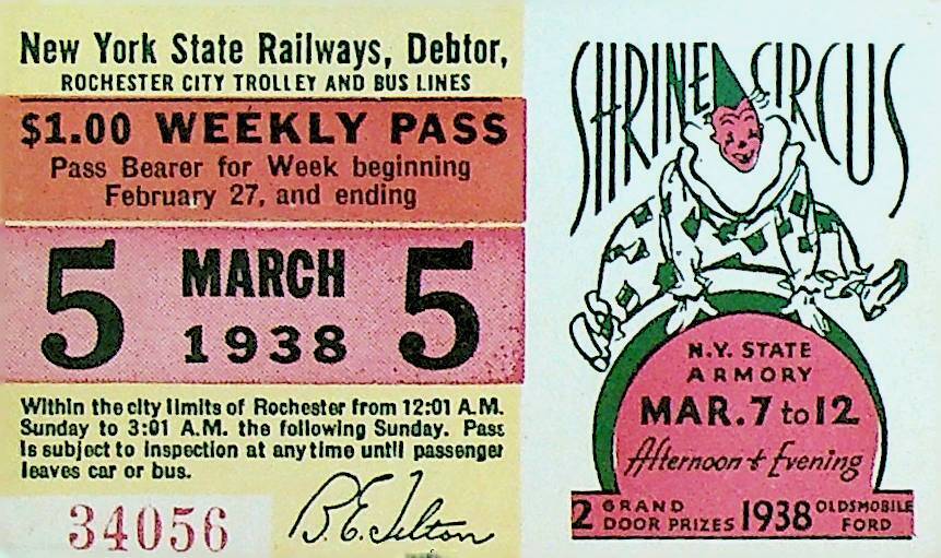 Rochester City Trolley & Bus Lines Pass March 5 1938 Shrine Circus