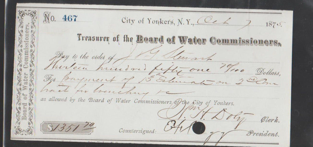 Yonkers NY Treasurer of the Board of Water Commissioners 1875 Used Check