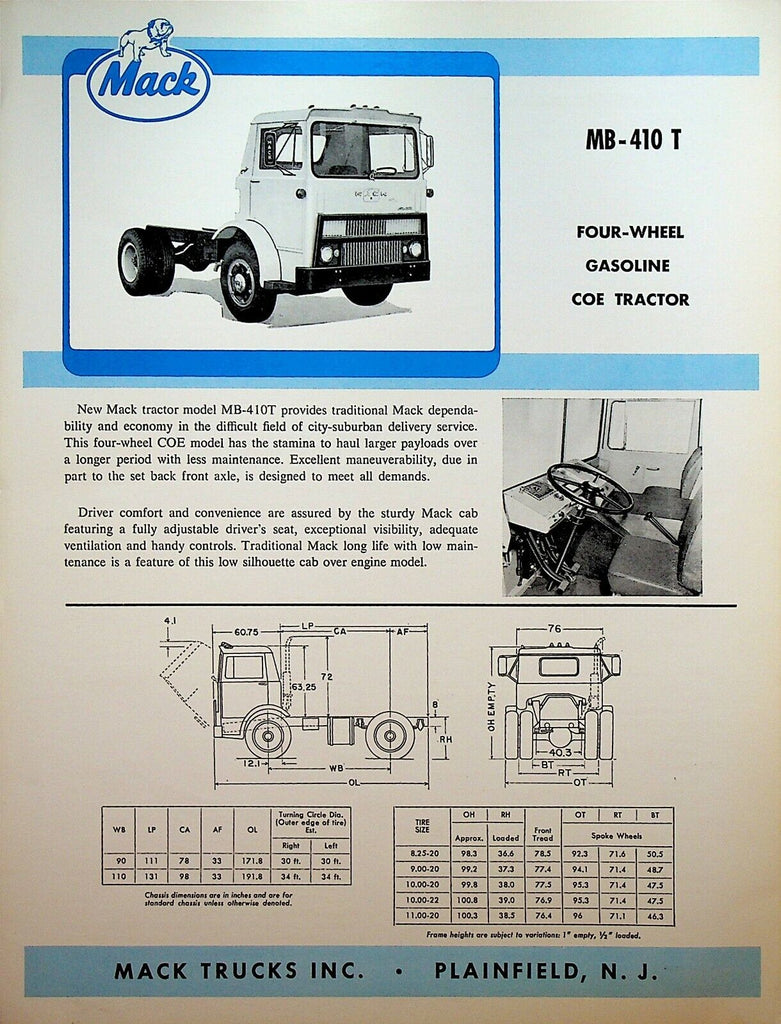 Mack Truck MB-410T Brochure Four Wheel Coe Tractor Gasoline 1963 Plainfield NJ