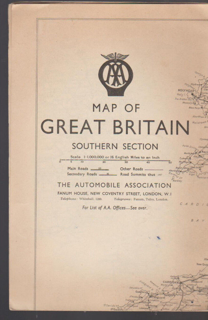 Map of Great Britain Southern Section 1951 Automobile Association