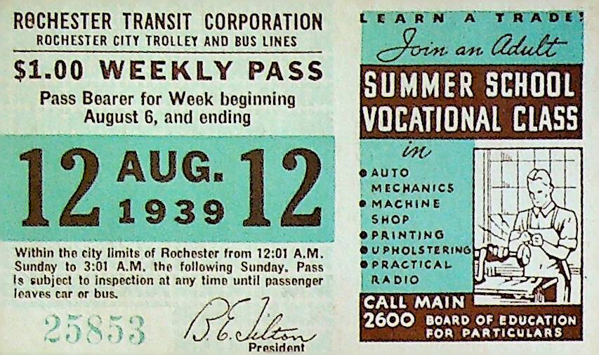 Rochester City Trolley & Bus Lines Pass August 12 1939 Summer School Vocational