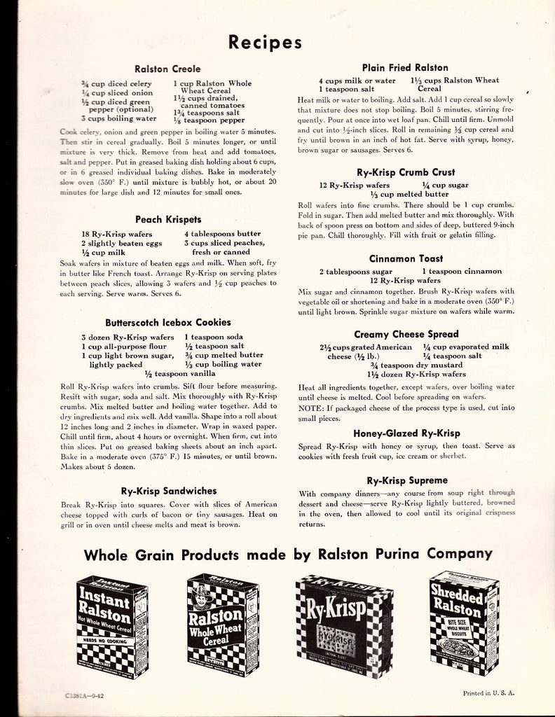 Ralston Purina Co Whole Grains for Better Nutrition Brochure 1942