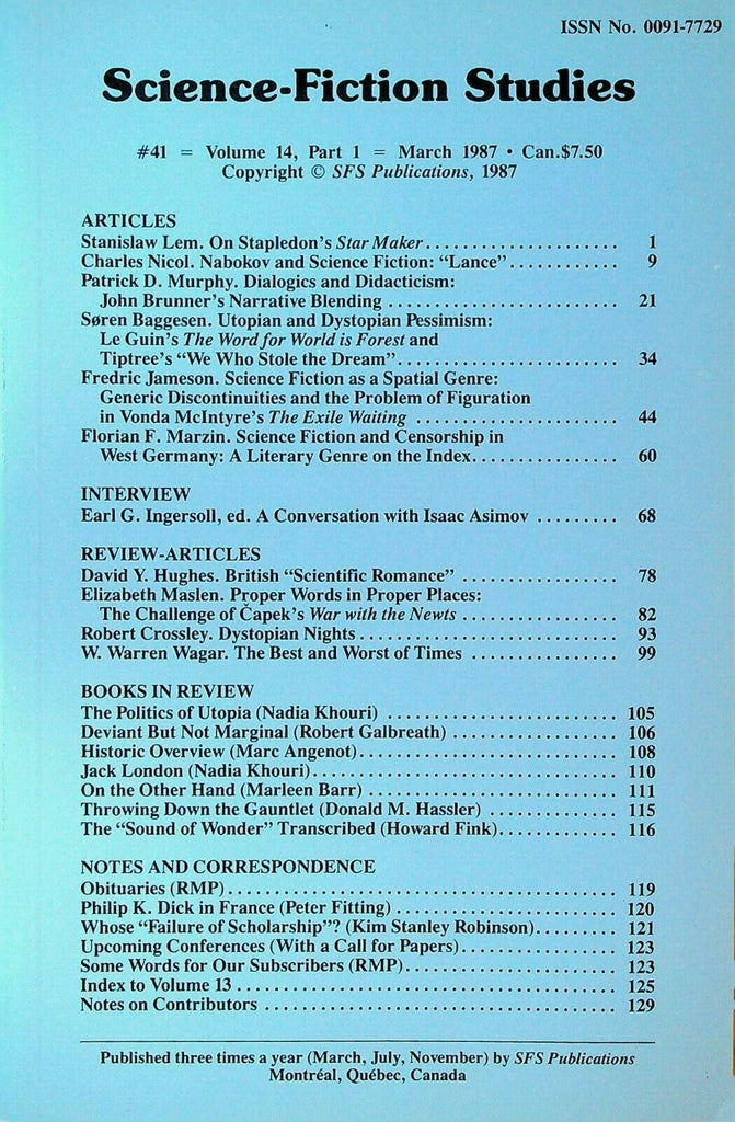 Science Fiction Studies 41 Isaac Asimov Vladimir Nabokov Ursula Le Guin