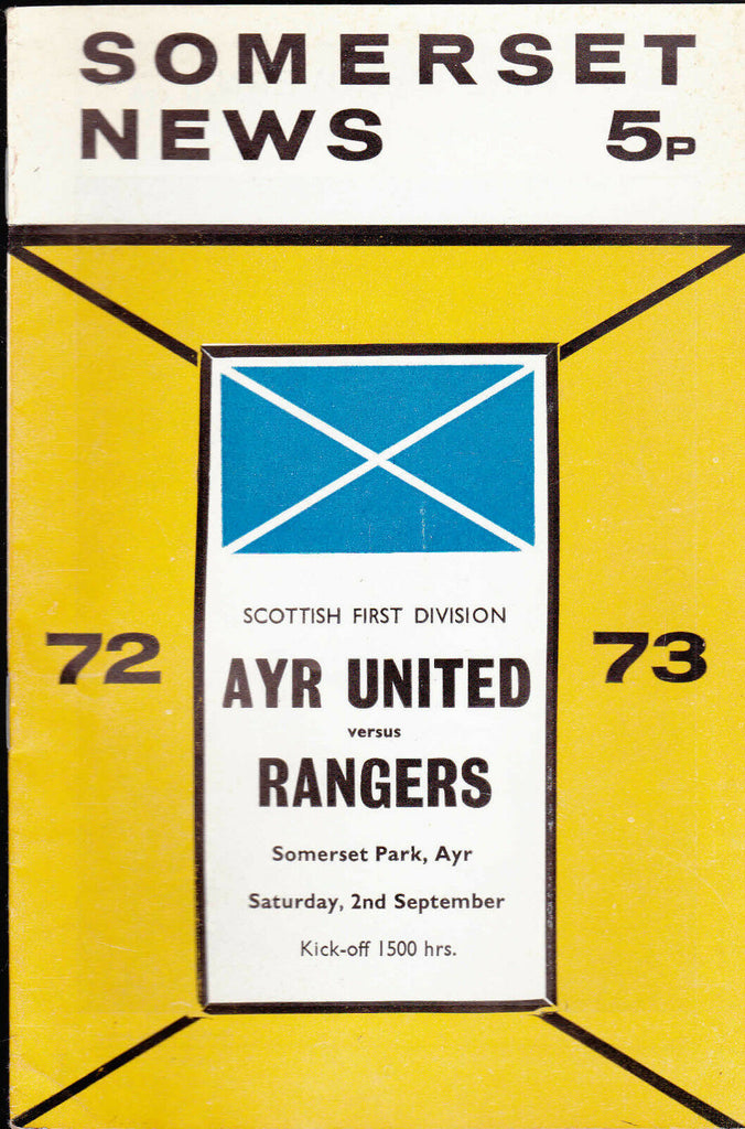 Somerset News Ayr United v Rangers Scottish League Programme 2 September 1973