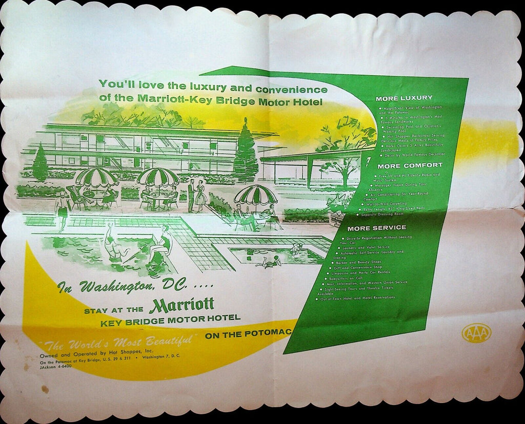 Marriott Key Bridge Motor Hotel Paper Placemat Washington DC 1960s