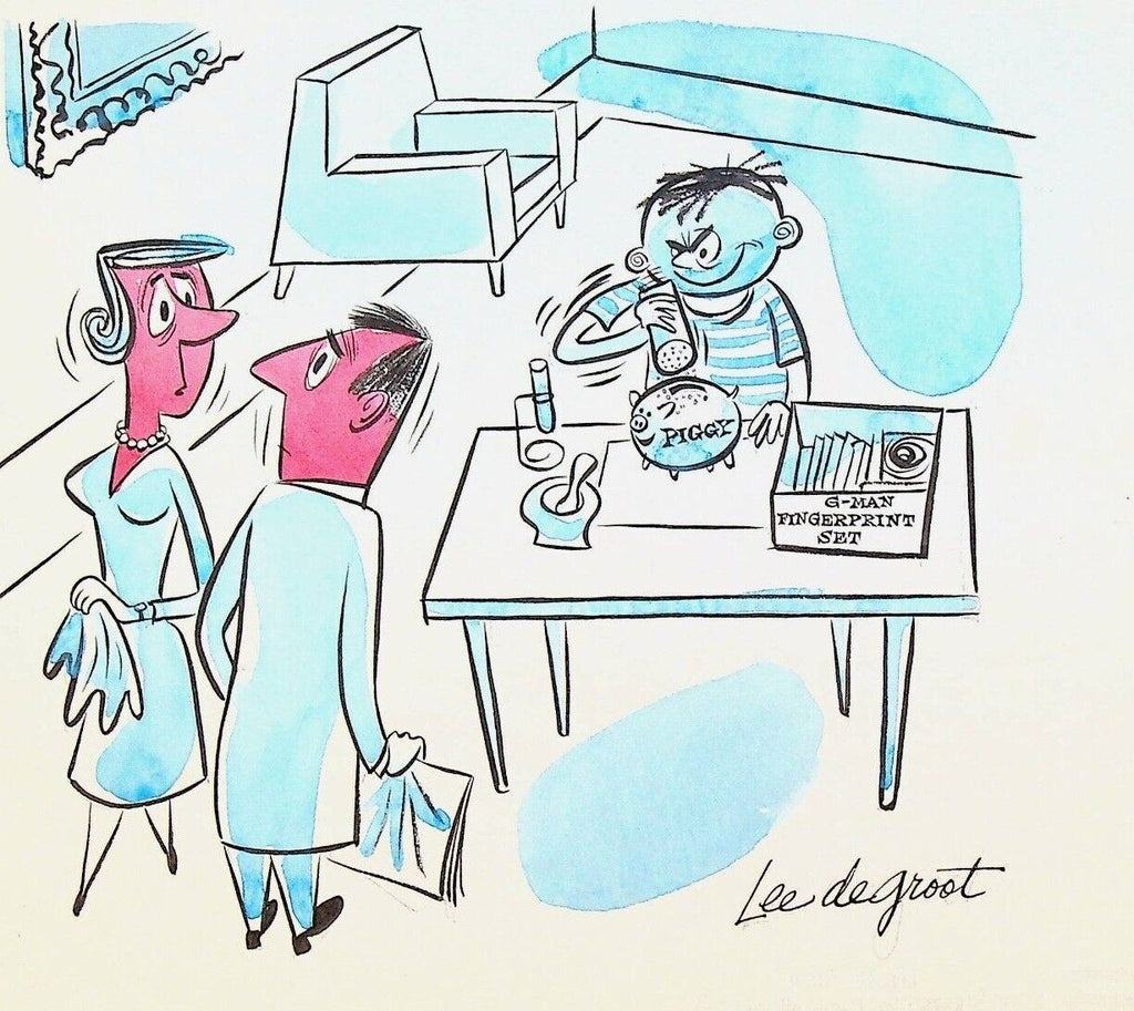 Lee DeGroot Original Art Gag G-Man Fingerprint Set Piggy Bank Boy Parents