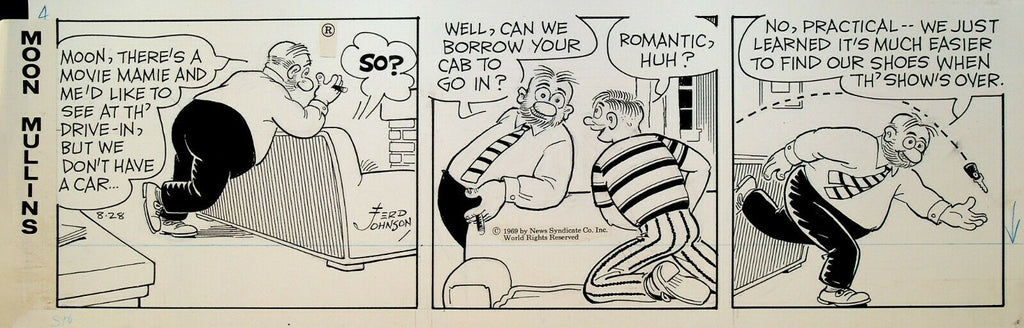 Moon Mullins Ferd Johnson Original Comic Strip Art August 28 1968 Drive-In Movie