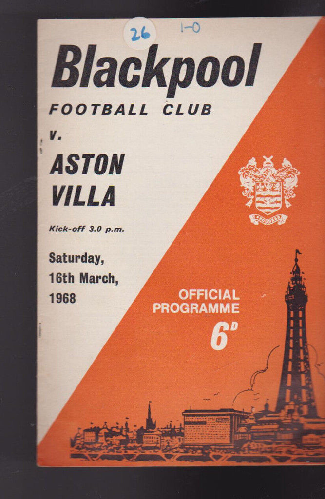 Aston Villa at Blackpool FC Soccer Program Football March 16 1968