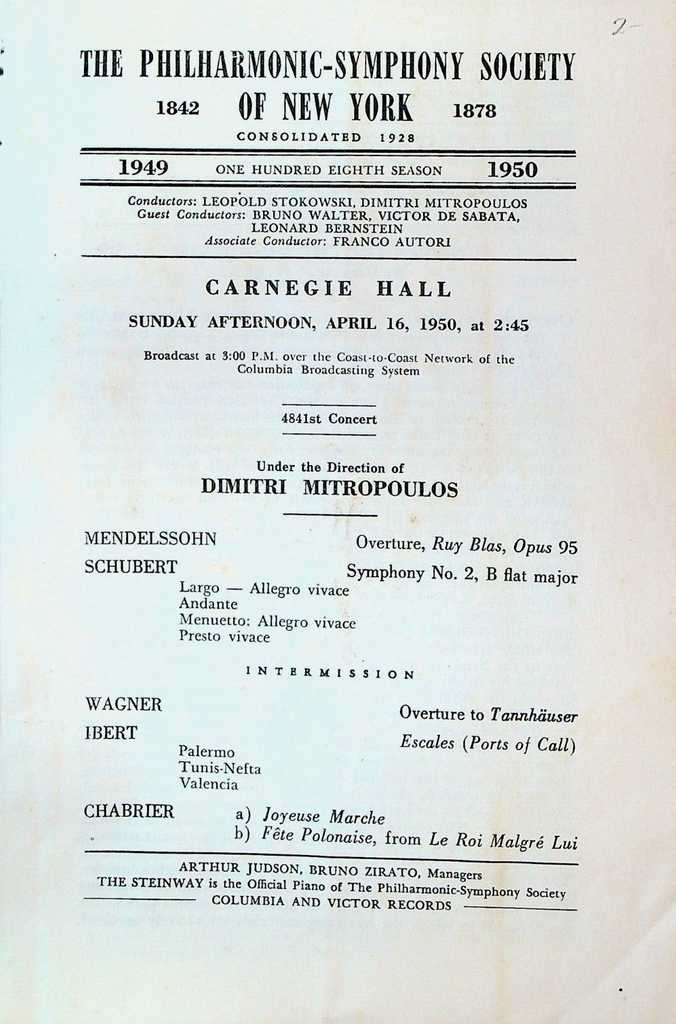 Philharmonic Symphony Society New York Program April 16 1950 Dimitri Mitropoulos