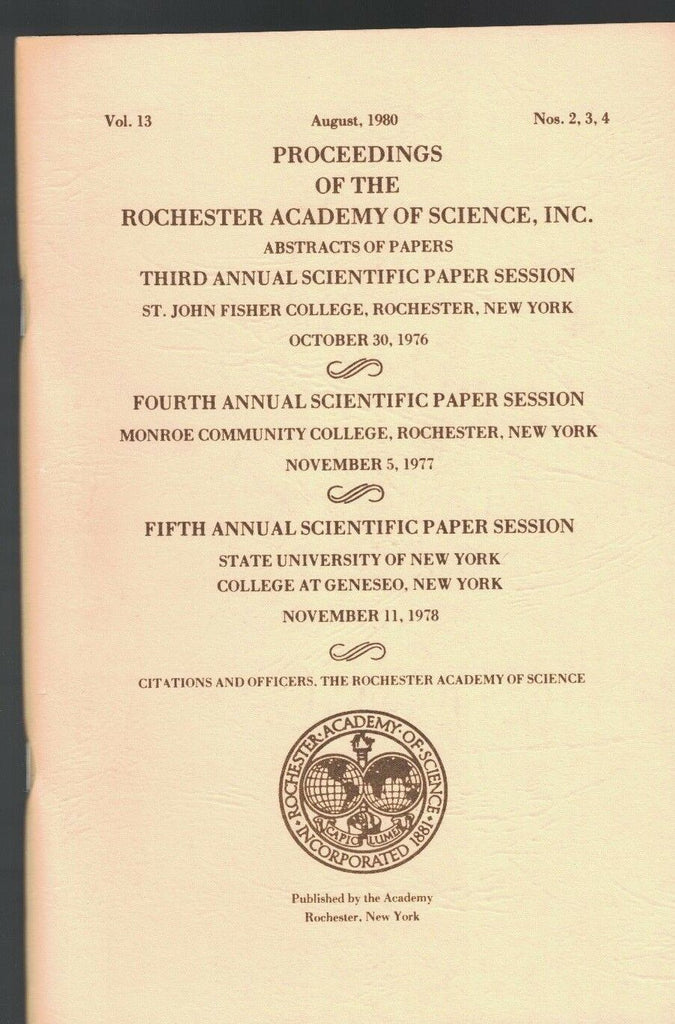 Proceedings of Rochester Academy of Science NY August 1980 Erie Canal