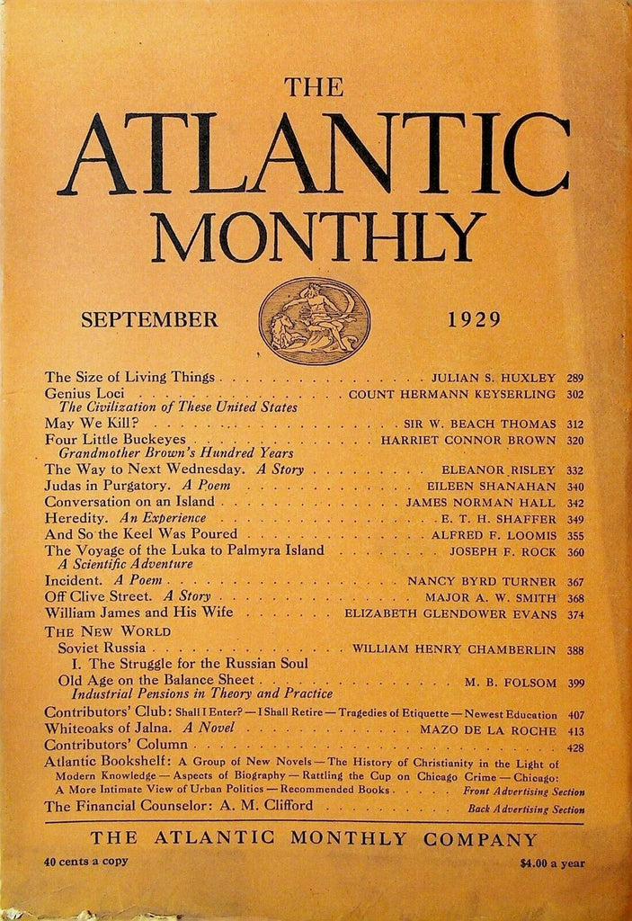 Atlantic Monthly September 1929 Mazo De La Roche Soviet Russia William James