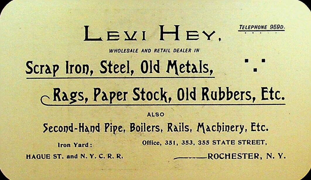 Levi Hey Rochester NY 1800s Business Card Scrap Iron Steel Rags Rubber