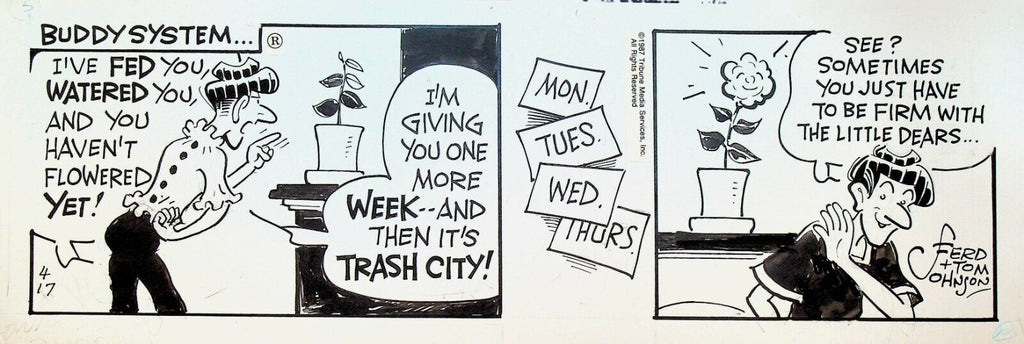 Moon Mullins Original Comic Strip Art Ferd & Tom Johnson April 17 1987 Flower