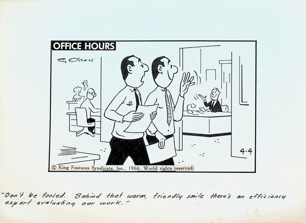 Office Hours by Cy Olson Original Comic Strip Art April 4 1966 Efficiency Expert