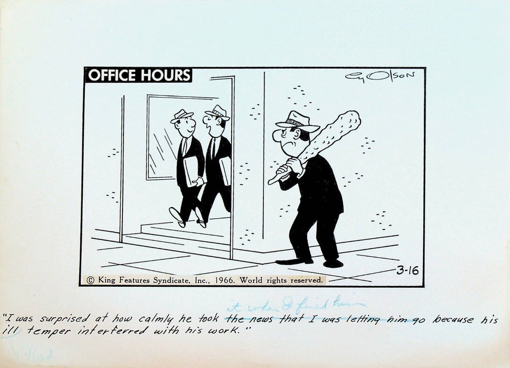 Office Hours by Cy Olson Original Comic Strip Art March 16 1966 Angry Firing