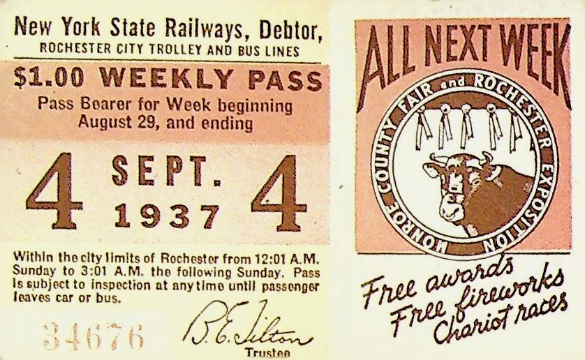 Rochester City Trolley & Bus Lines Pass September 4 1937 Monroe County Fair